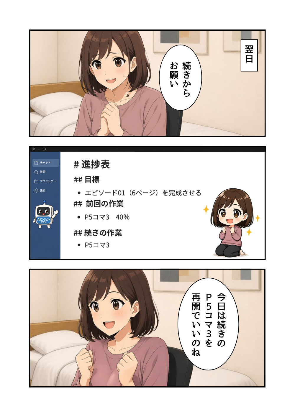 第4章の漫画本文見本。制作の進捗を確認し、再開する場面